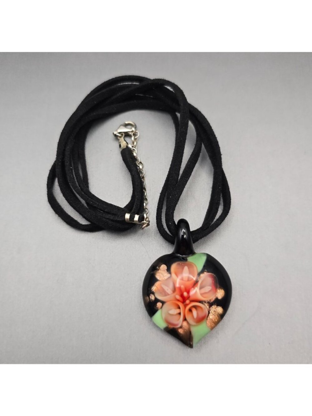 Sterling Silver Murano Glass Flower Pendant Velvet Necklace 16" Art Nouveau Styl - Picture 7 of 7